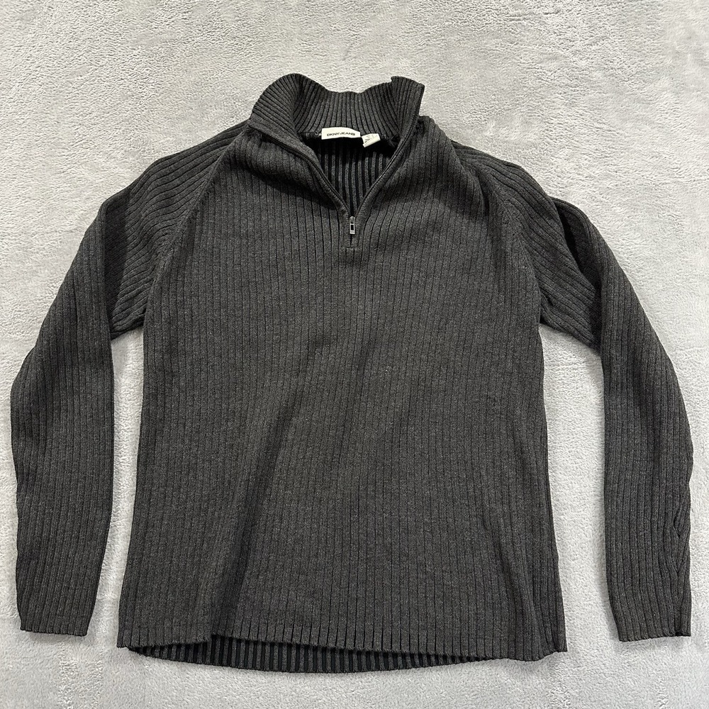 DKNY JEANS 1/4 Zip Sweater Men Large Dark Gray Ribbed Vintage Y2K